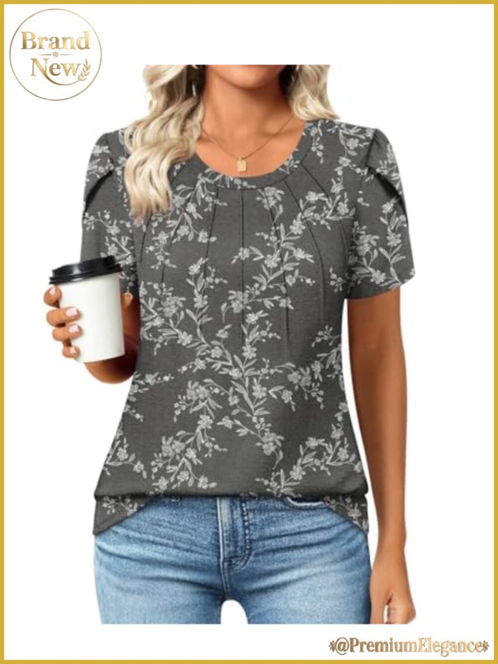 Pleated Crew Neck Petal Sleeve Tunic Blouse